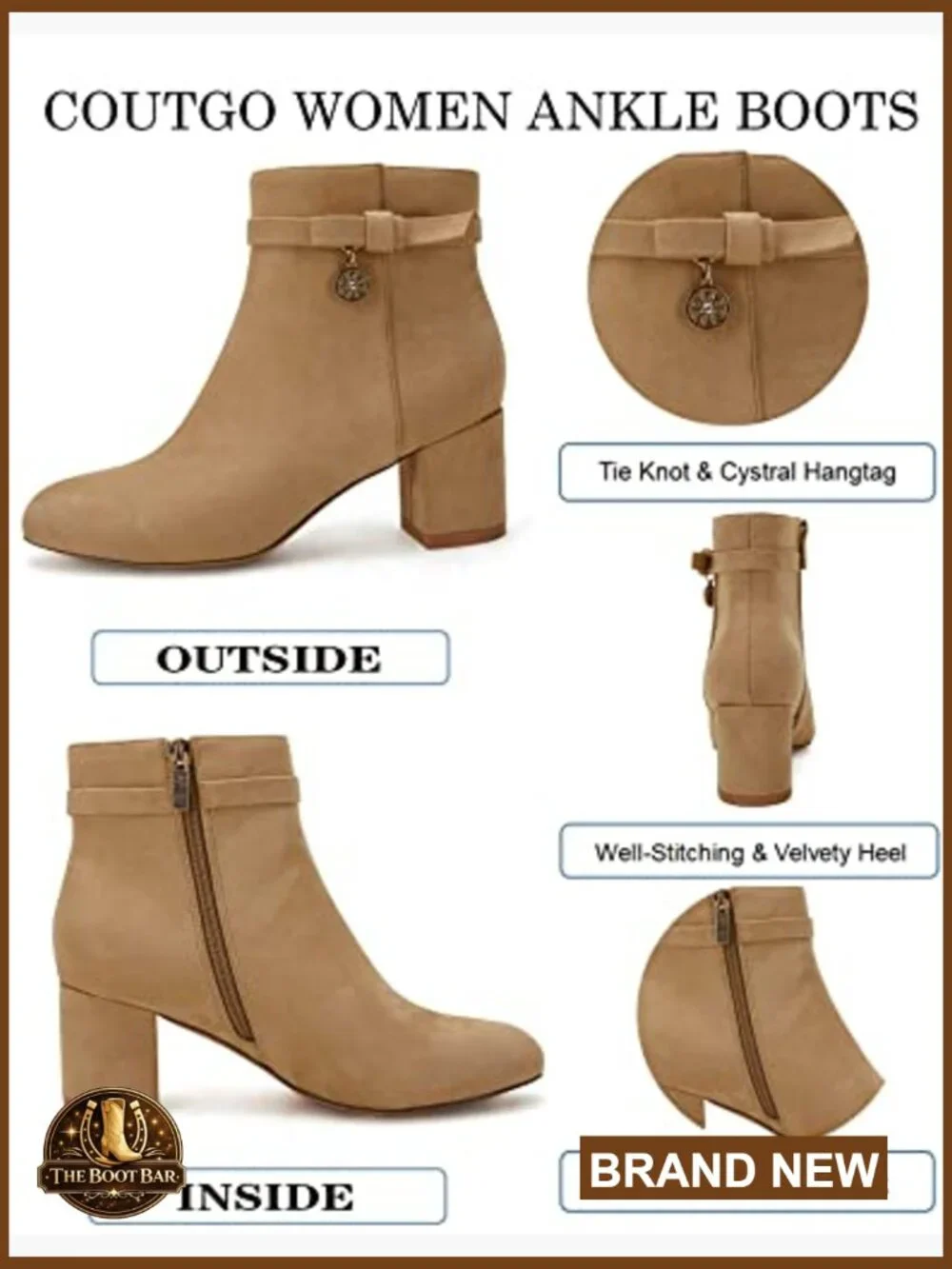 Chunky Block Heel Ankle Boots with Side Zipper Vintage Tie Knot Booties - Picture 4 of 7